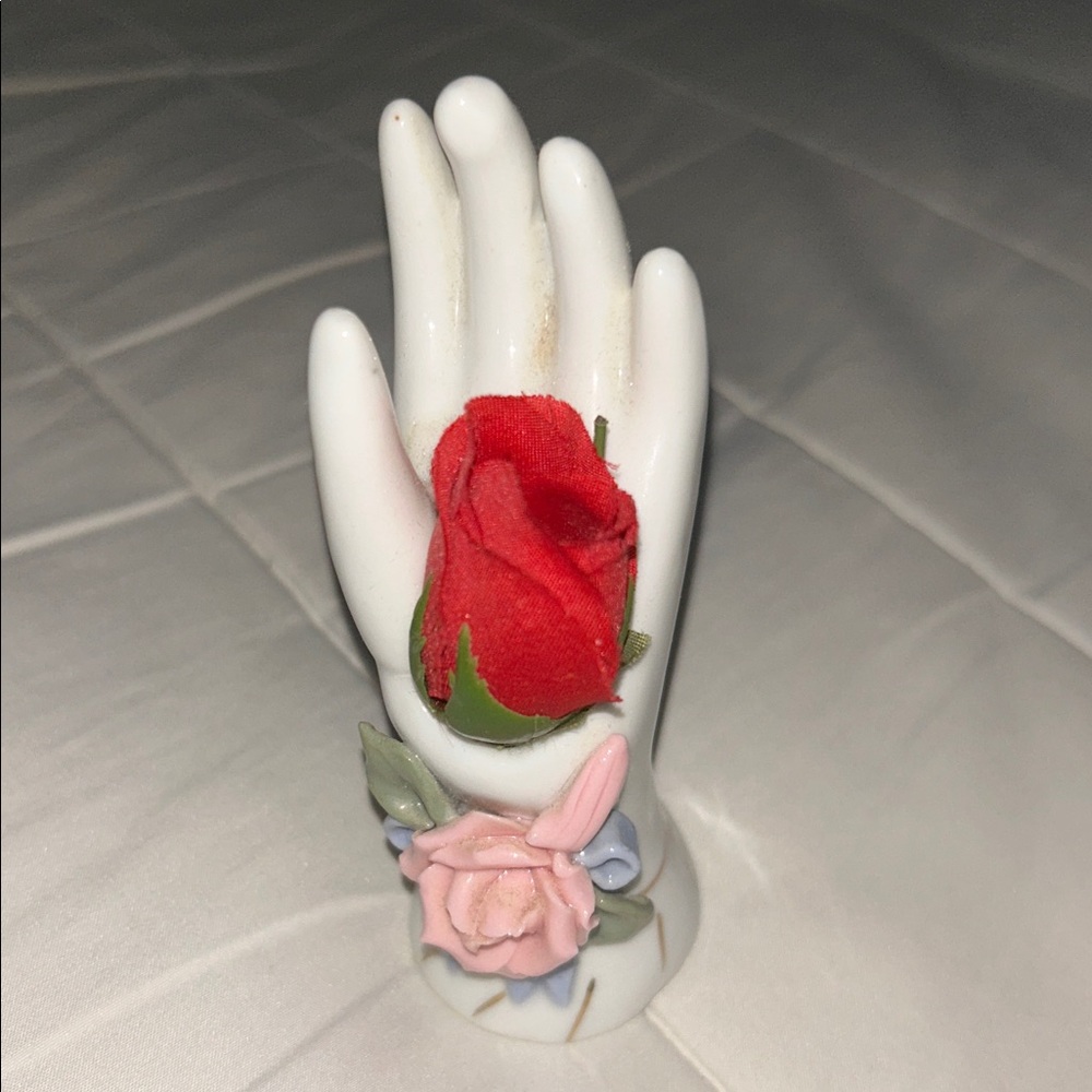 Elegant White Hand Jewelry Holder with Red Rose